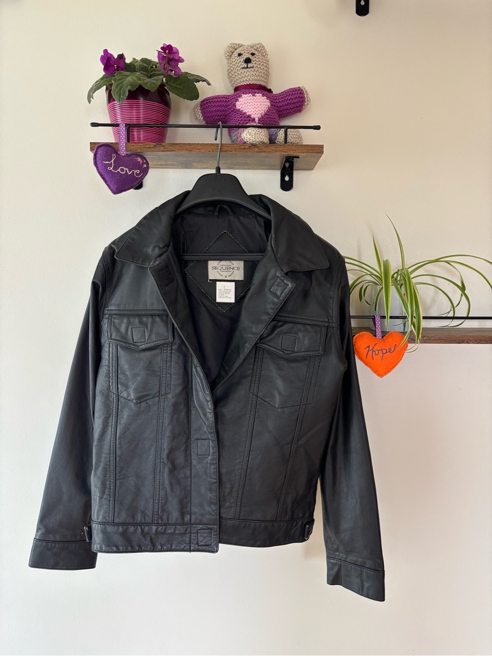 Vintage Sequence Black Leather Trucker Jacket (Size 8 / S)